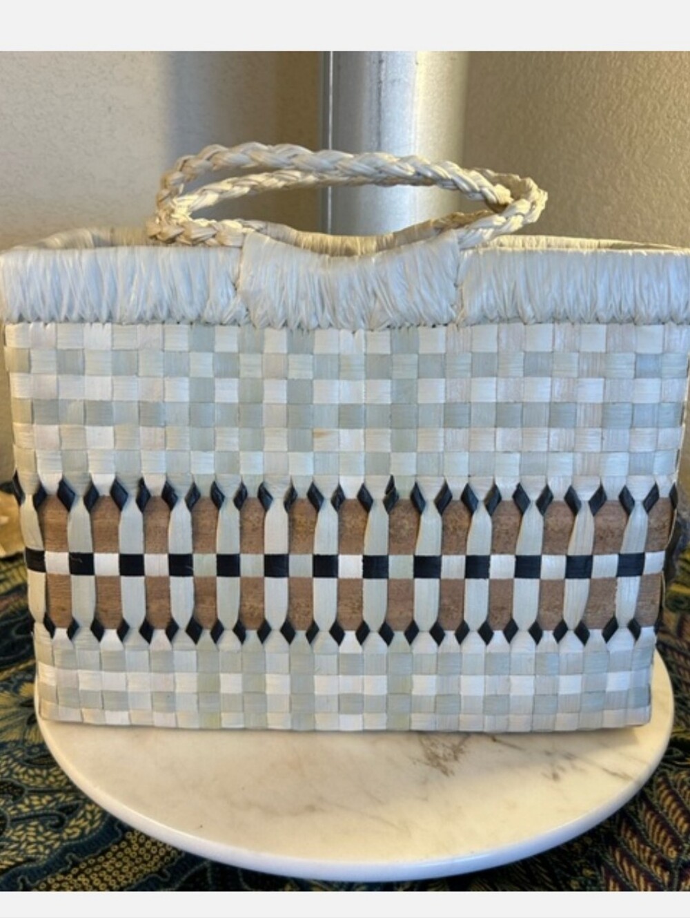Woven Straw Tote Bag in White, Tan & Black